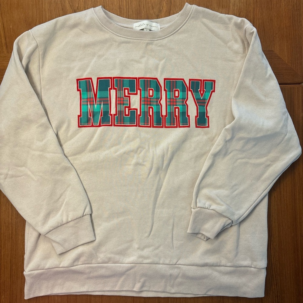 Cream 'MERRY' Graphic Crewneck Sweater